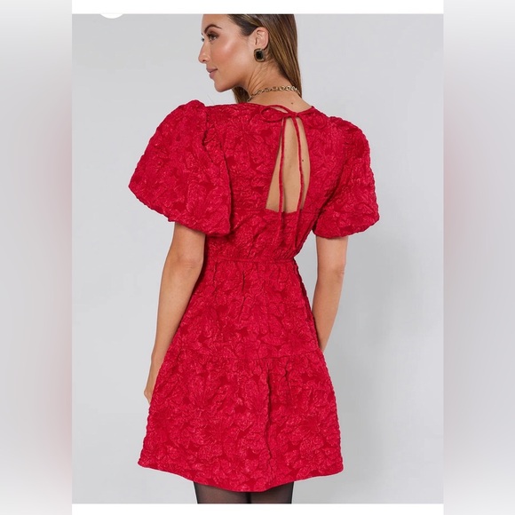 NWT Russa May Floral Jacquard Tiered Mini Sugar Lips Small Red Brocade Dress - Picture 4 of 5